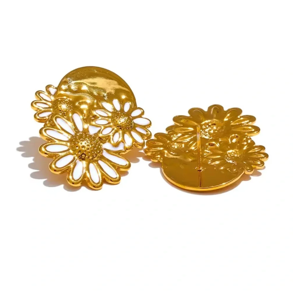 Gold Daisy Statement Earrings – Enamel Floral Drops | PVD Real Gold Plated - Picture 5 of 11